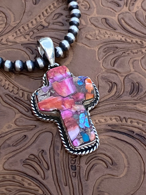 Handmade Sterling Silver & Pink Dream Mojave Cross Pendant