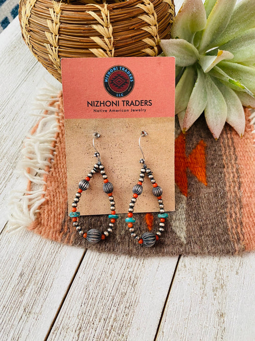 Handmade Coral, Turquoise And Sterling Silver Beaded Dangle Earrings