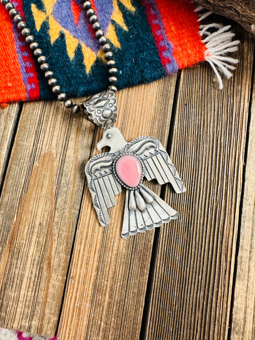 Navajo Queen Pink Conch & Sterling Silver Thunderbird Pendant By Shawn Cayatineto