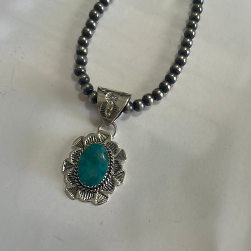 Handmade Sterling Silver & Kingman Turquoise Pendant Signed Nizhoni