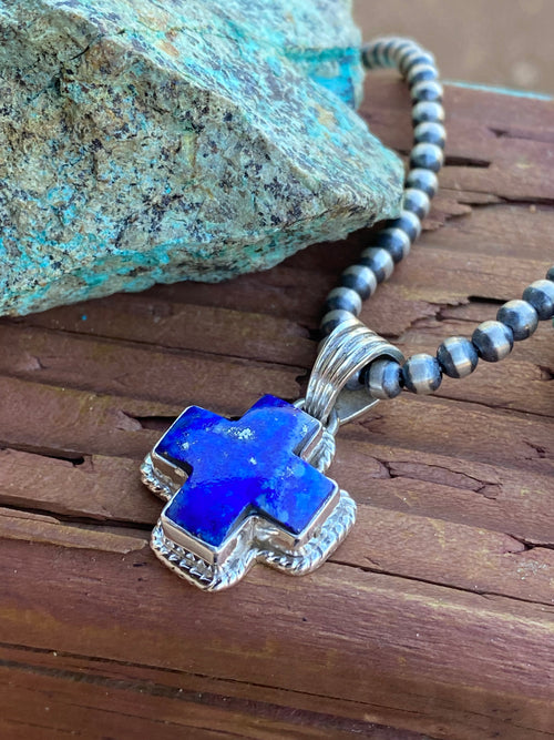 Handmade Lapis & Sterling Silver Cross Pendant