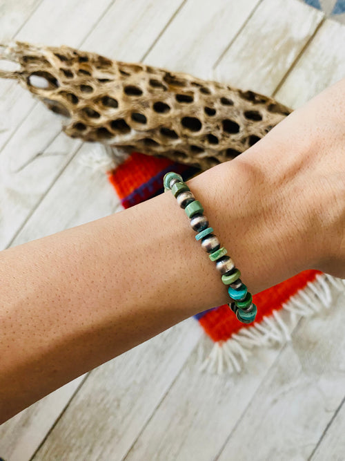 Handmade Turquoise & Sterling Silver Beaded Stretch Bracelet