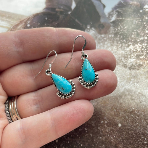 Beautiful Navajo Sterling Silver Turquoise Tear Drop Dangle Earrings