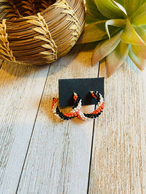 Navajo Handmade Beaded Hoop Earrings- orange