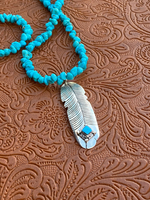 Navajo Kingman Turquoise & Sterling Silver Feather Pendant