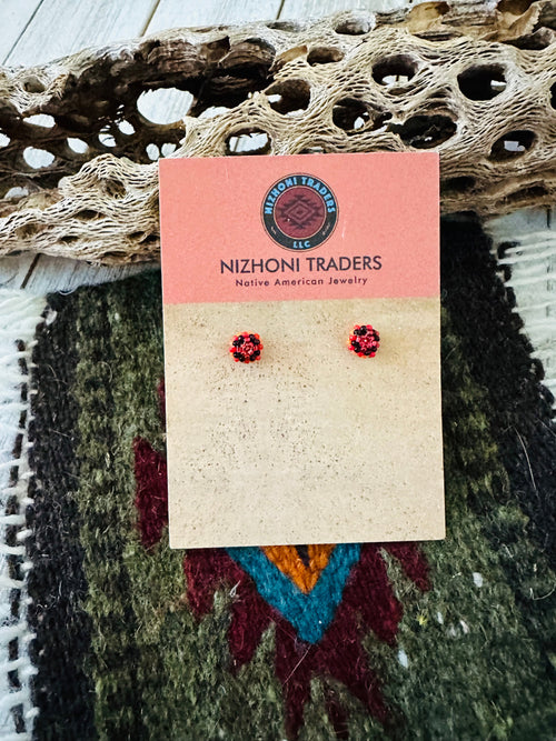 Navajo Handmade Beaded Stud Earrings- red