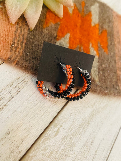 Navajo Handmade Beaded Hoop Earrings-silver/orange