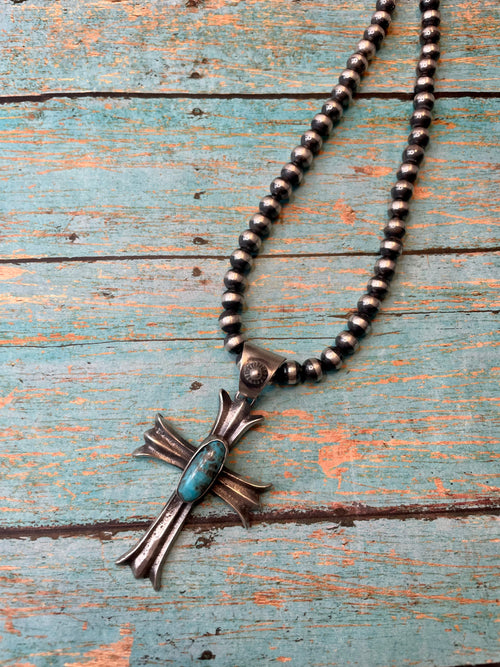 Navajo Kingman Turquoise And Sterling Silver Cross Pendant By Chimney Butte