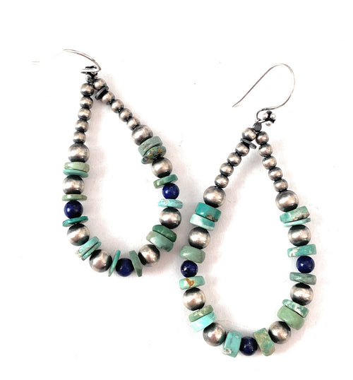 Handmade Turquoise, Lapis And Sterling Silver Beaded Dangle Earrings