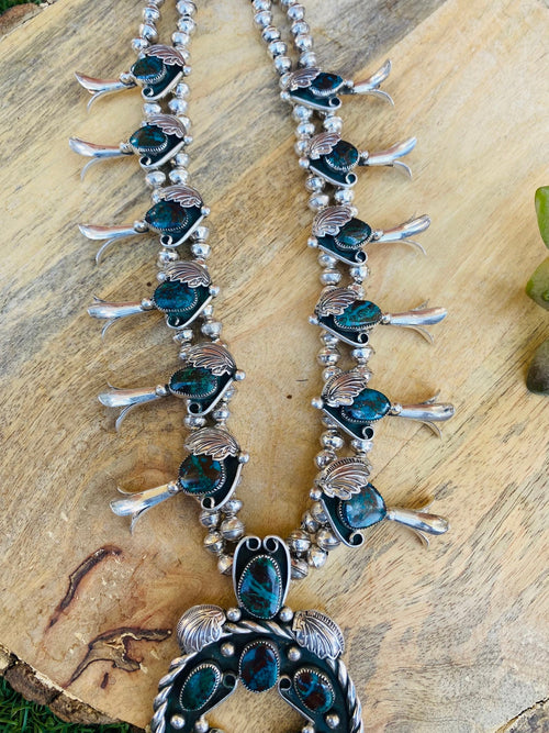 Vintage Navajo Turquoise & Sterling Silver Squash Blossom Necklace