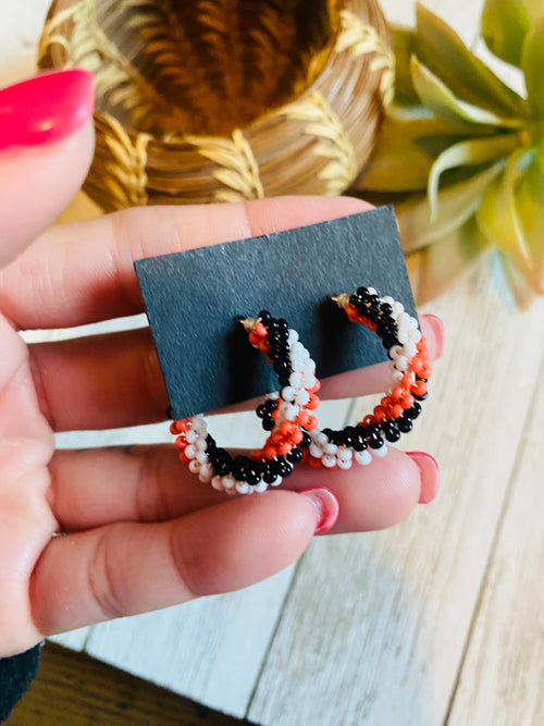 Navajo Handmade Beaded Hoop Earrings- orange