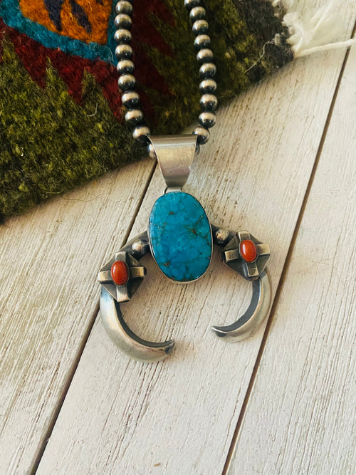 Navajo Sterling Silver, Turquoise & Coral Naja Pendant By Chimney Butte