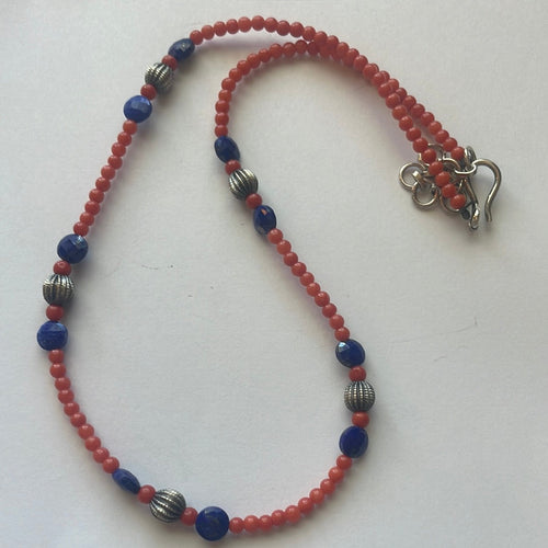 Handmade Beaded Coral, Lapis & Sterling Silver Necklace