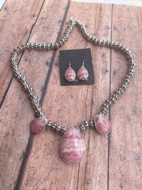 Navajo Rhodonite & Sterling Silver Beaded Necklace Set