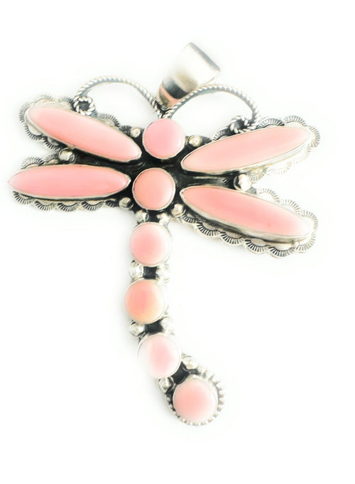 Navajo Queen Pink Conch & Sterling Silver Dragonfly Pendant By Shawn Cayatineto