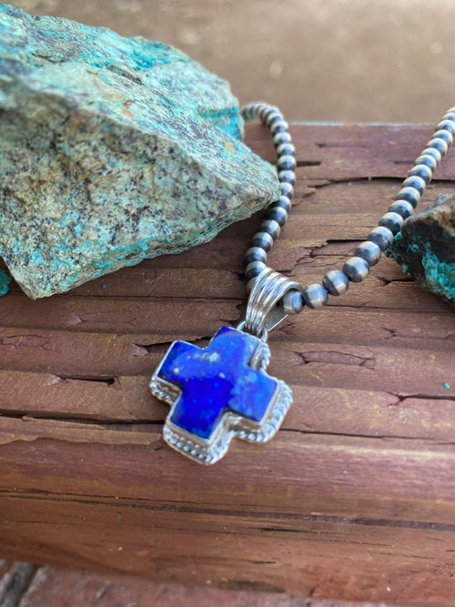 Handmade Lapis & Sterling Silver Cross Pendant