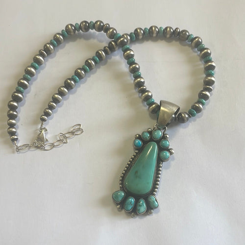 Beautiful Navajo Sterling Silver Beaded Turquoise Necklace With Pendant Signed B Johnson