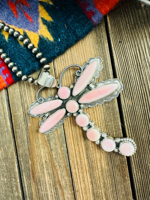 Navajo Queen Pink Conch & Sterling Silver Dragonfly Pendant By Shawn Cayatineto