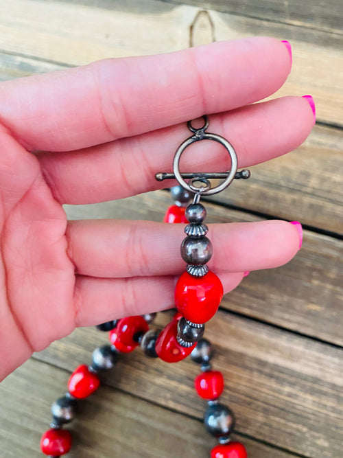 Navajo Coral & Sterling Silver Pearl Beaded Necklace