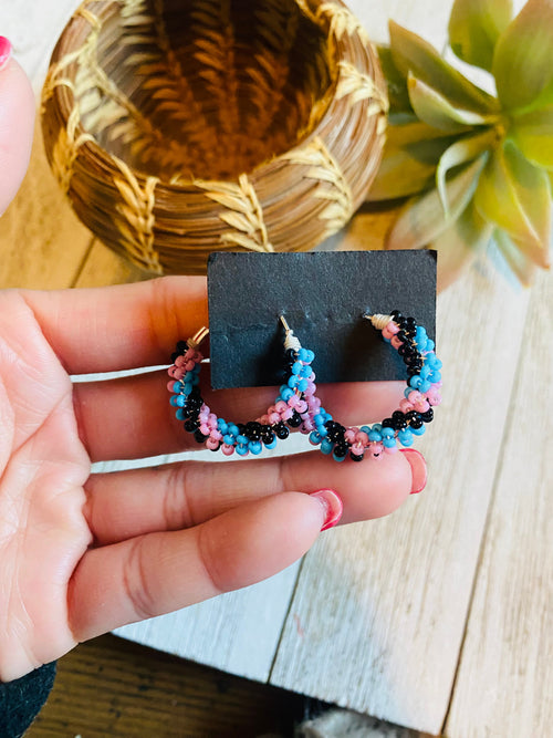 Navajo Handmade Beaded Hoop Earrings- Lt blue, pink