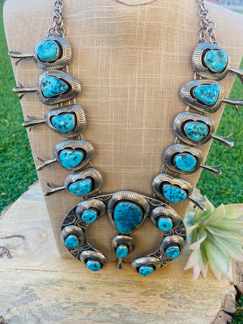 Vintage Navajo Kingman Turquoise & Sterling Silver Squash Blossom Necklace