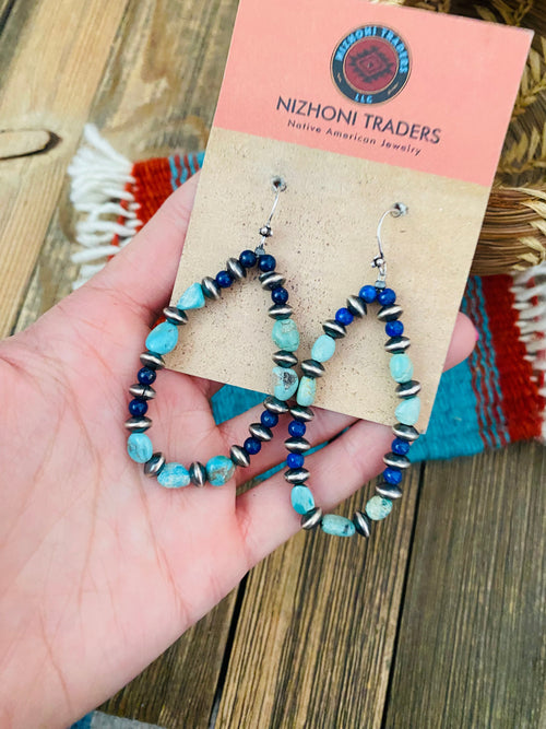 Handmade Turquoise, Lapis And Sterling Silver Beaded Dangle Earrings