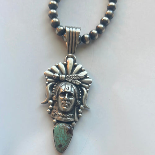 Beautiful Navajo Sterling Silver & Turquoise Chief Pendant Signed Russell Sam