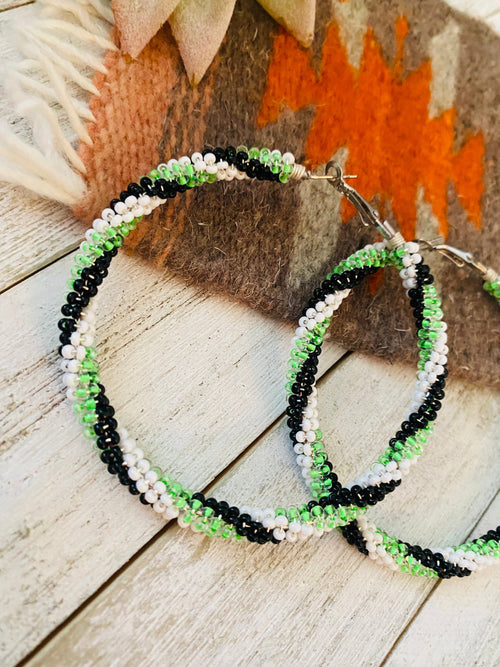 Navajo Handmade Beaded Hoop Earrings- green/black