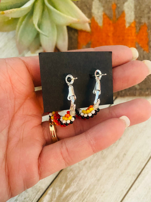 Navajo Handmade Beaded Hoop Earrings- Red/Orange