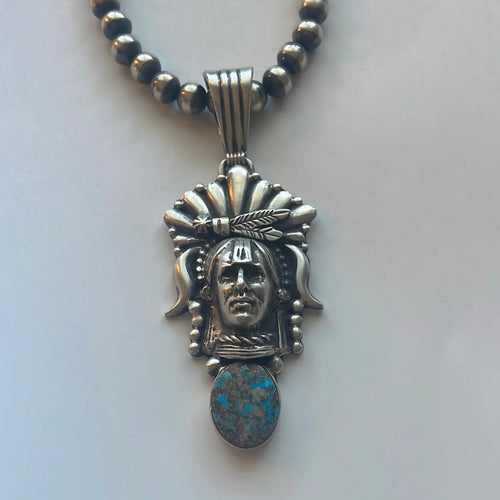 Beautiful Navajo Sterling Silver & Turquoise Chief Pendant Signed Russell Sam