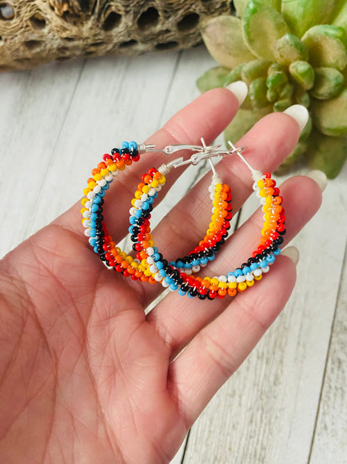 Navajo Handmade Beaded Hoop Earrings-multi color