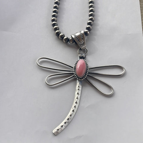 Navajo Pink Conch & Sterling Silver Dragonfly Pendant Signed