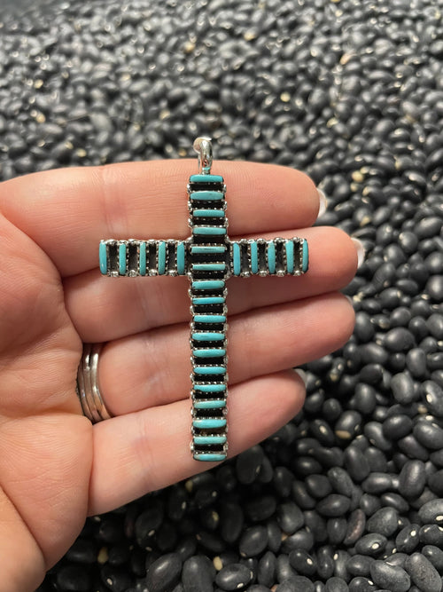 Handmade Needlepoint Turquoise & Sterling Silver Cross Pendant