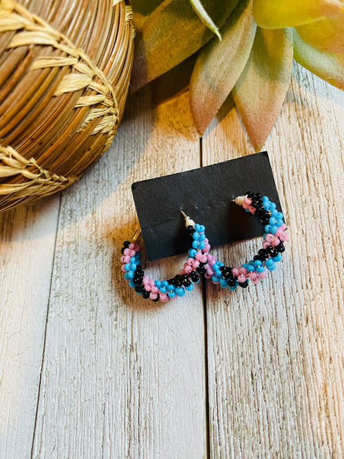 Navajo Handmade Beaded Hoop Earrings- Lt blue, pink