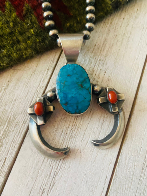 Navajo Sterling Silver, Turquoise & Coral Naja Pendant By Chimney Butte