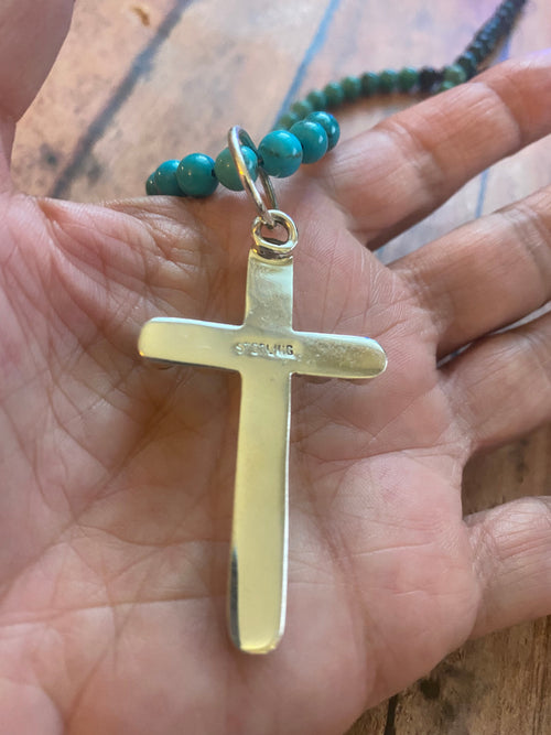 Sterling Silver & Blue Kingman Turquoise 2.5 inch Cross