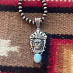 Beautiful Navajo Sterling Silver & Turquoise Chief Pendant Signed Russell Sam