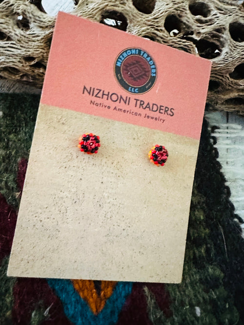 Navajo Handmade Beaded Stud Earrings- red