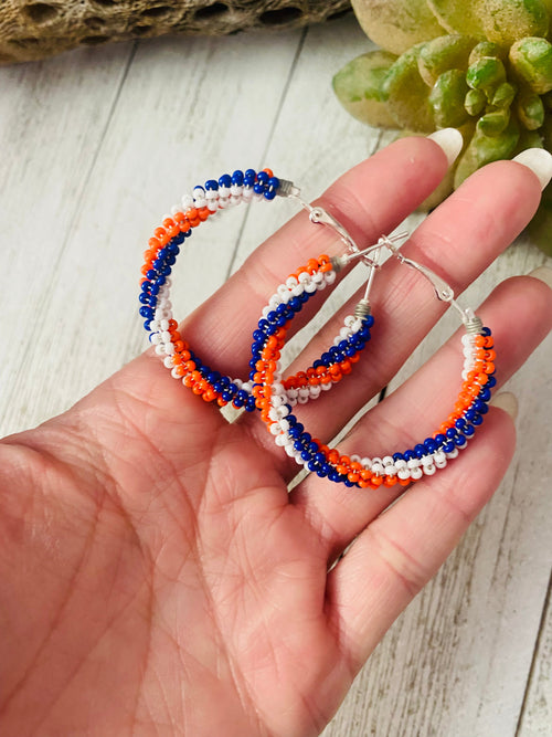 Navajo Handmade Beaded Hoop Earrings- red, white, blue