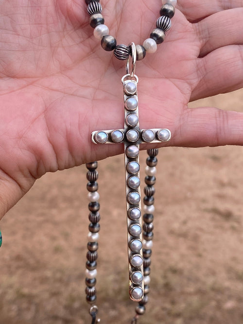 Handmade Sterling Silver & Fresh Water Pearl 4 inch Cross