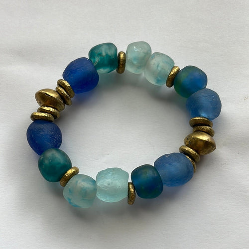 Handmade Recycled Glass Beaded Stretch Bracelet BLUE MIXED