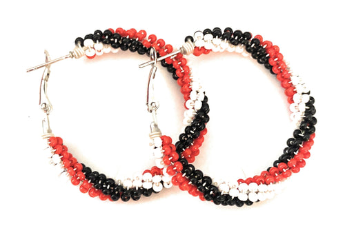 Navajo Handmade Beaded Hoop Earrings- red, black