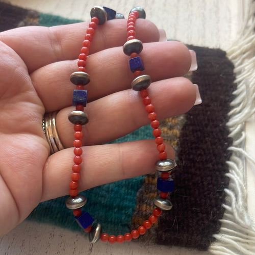 Handmade Beaded Coral, Lapis & Sterling Silver Necklace