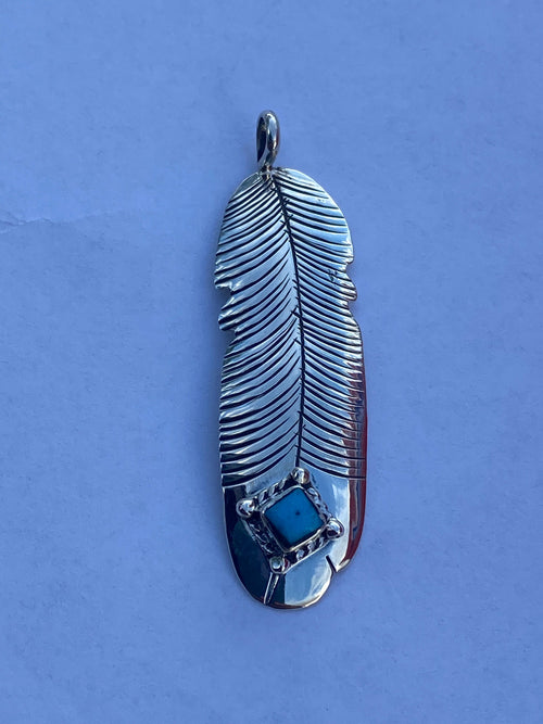 Navajo Kingman Turquoise & Sterling Silver Feather Pendant