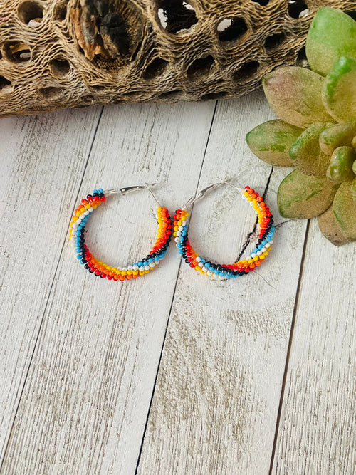 Navajo Handmade Beaded Hoop Earrings-multi color