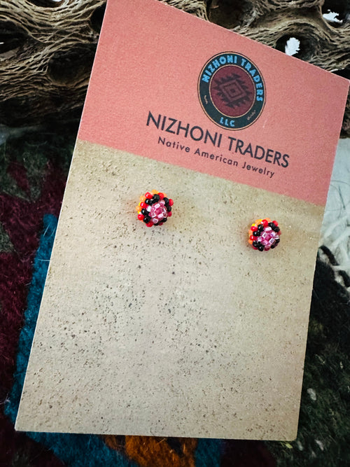 Navajo Handmade Beaded Stud Earrings- pink