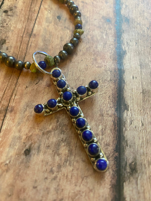 Sterling Silver & Lapis 2.5 inch Cross