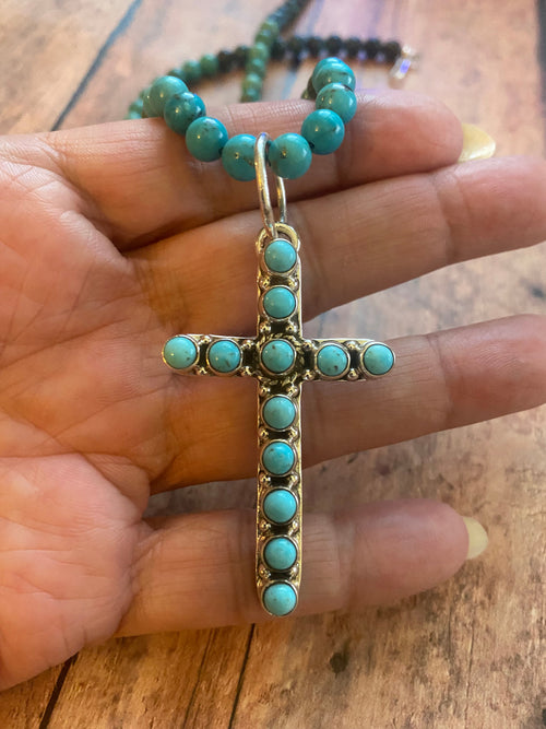 Sterling Silver & Blue Kingman Turquoise 2.5 inch Cross