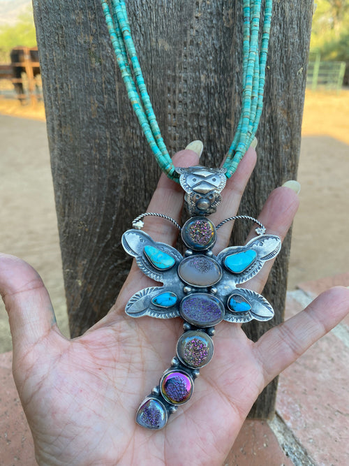 Shawn Cayatenito Sterling Silver Kingman Turquoise & Druzy Dragonfly Pendant