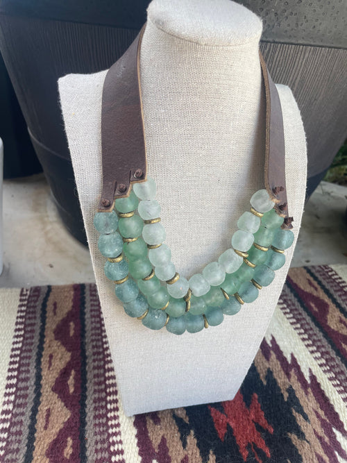 Handmade Recycled Glass 3 Strand Green Beaded Necklace